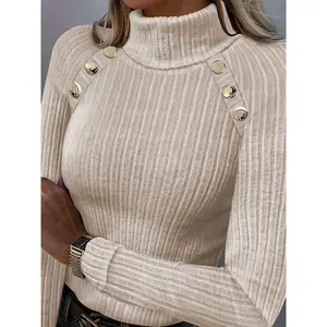 Solid Turtle Neck Rib Knit Top, Elegant Button Long Sleeve Slim Sweater - Soft, Stretchy Fabric - For Women - Perfect for Fall/Winter - Ideal Gift for Fashionable Ladies