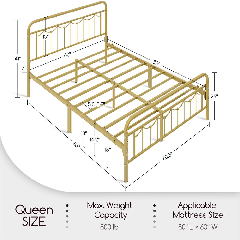 Yaheetech Antique Gold Queen Size Metal Bed Frame with Vintage Headboard Footboard Heavy Duty Steel Slat Support Ample Under Bed Storage No Box Spring Needed - Platform Bedframe