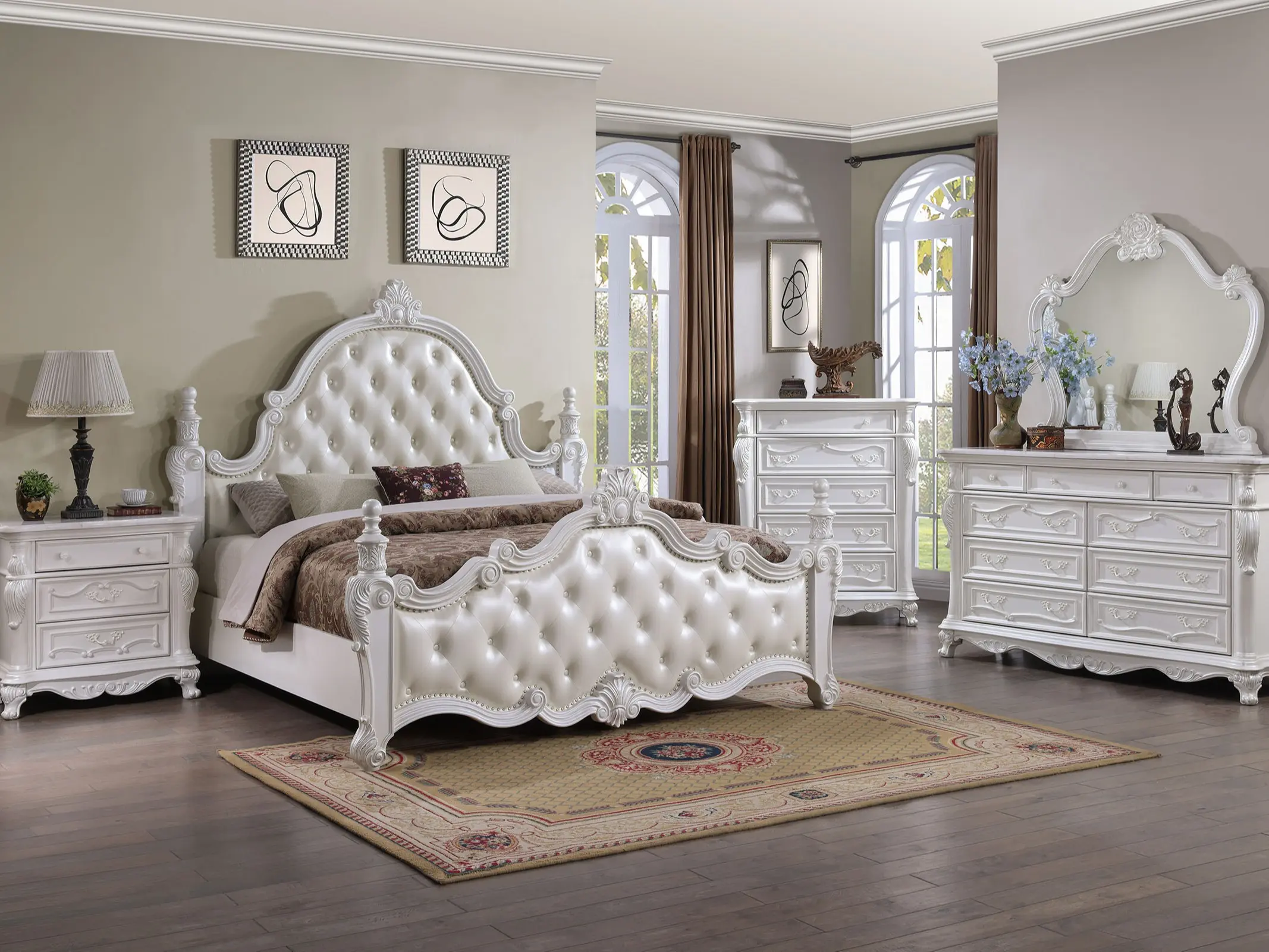 FOA Versailles White Traditional Queen Size Bed Frame - Solid Wood, Button Tufted Leatherette, Sintered Stone Tops, Carved Detail, Classic Silhouette, Finial Posts