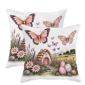 Jit 2pcs 2D Flat Butterfly Motifs Throw Pillow Covers, Spring Fanciful Flower Design, Soft Velvet Material, Washable & Durable, Ideal for Home Décor