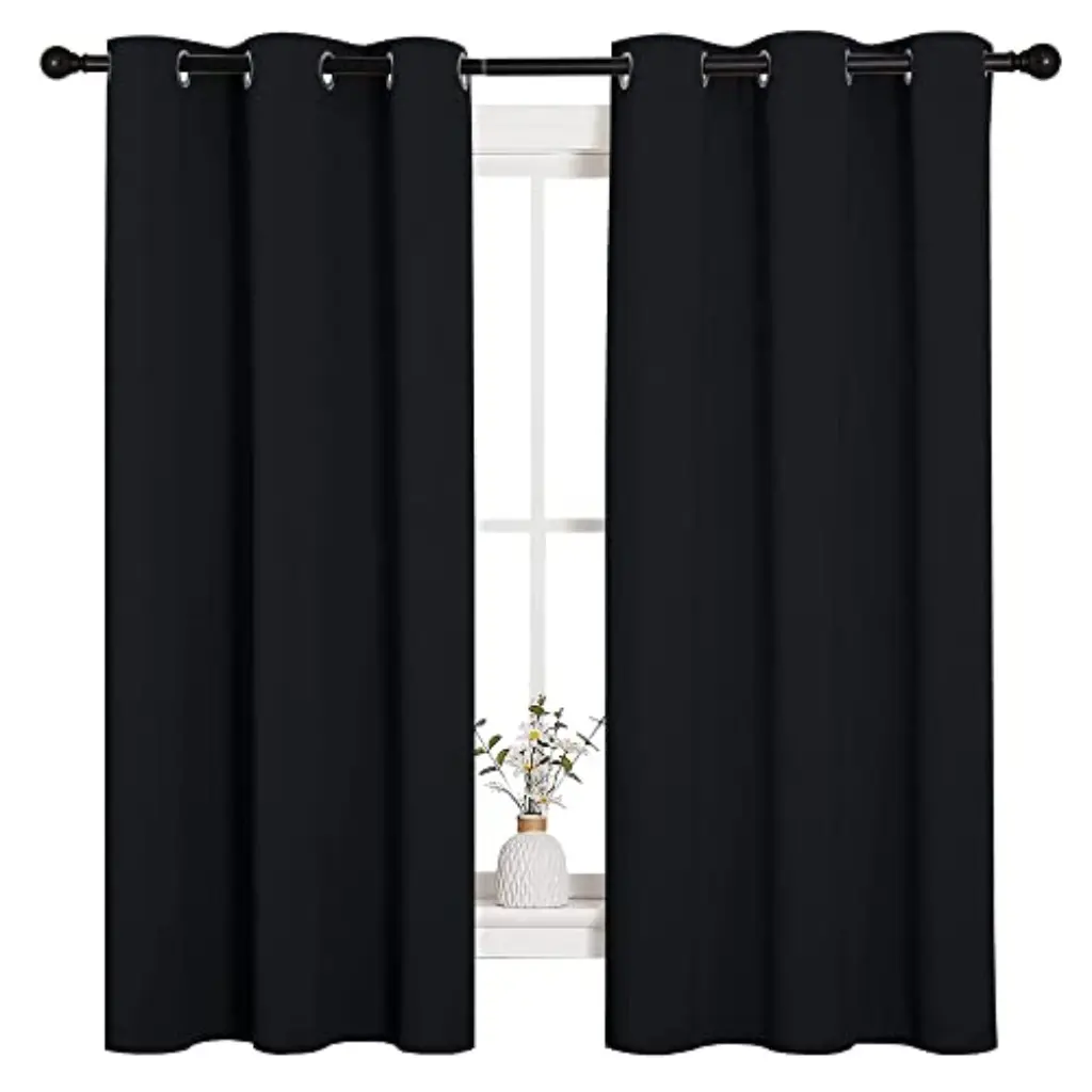 2Pcs Modern Blackout Curtains, Plain Flat Weave Matte Finish Rod Pocket Panels, Room Darkening Drapes - Contemporary Scandinavian Style Black Panels for Living Room, Bedroom