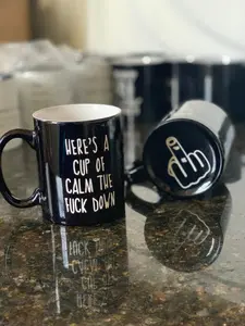 Laser Engraved Ceramic Coffee Mug 11 oz - Reusable Drinkware with "HERE'S A CUP OF CALM THE F*ck DOWN" Text