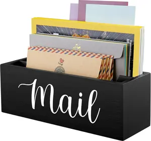 Mail Organizer, Mail Holder with 2 Slots, Mail Basket for Wall Table Countertop, Wood Desk Mail Organizer, Black Envelope Holder for Home Office Decor