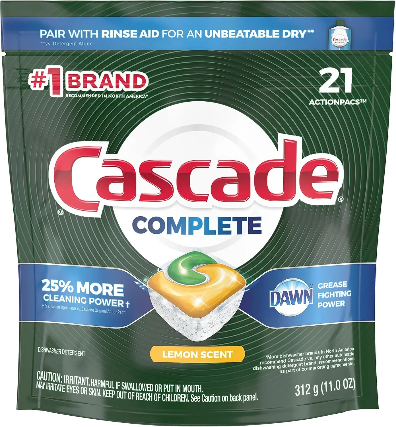 Cascade Complete ActionPacs, Dishwasher Detergent Pods, Lemon, 21 Count