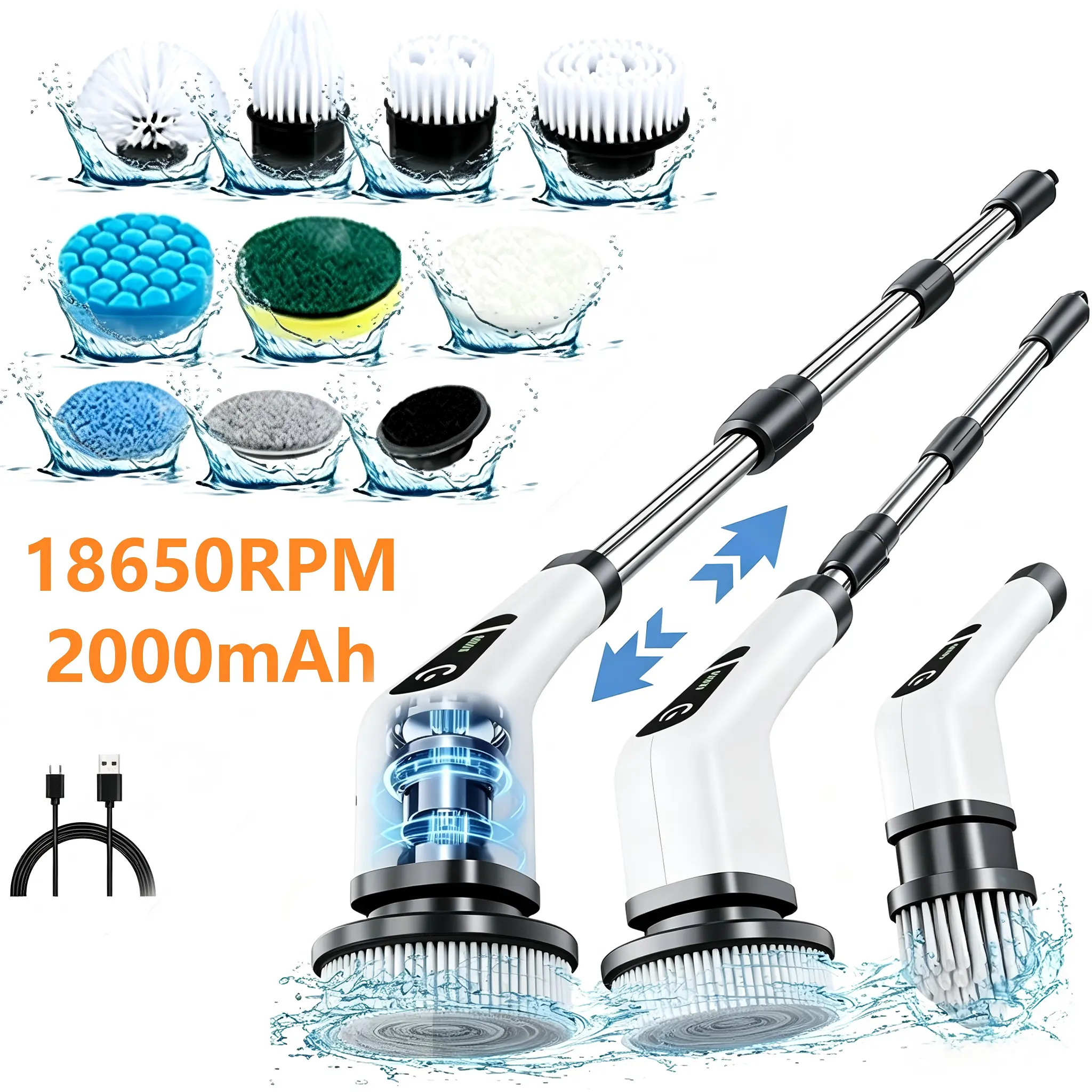 Electric Spin Scrubber, Cordless Cleaning Brush, 5-Speed Shower Scrubber, USB Rechargeable, IPX7 Waterproof ,Electric Bathroom Scrubber with Long Handle, 9 Brush Heads, Multi-Purpose Power Cleaning Tool summerwins