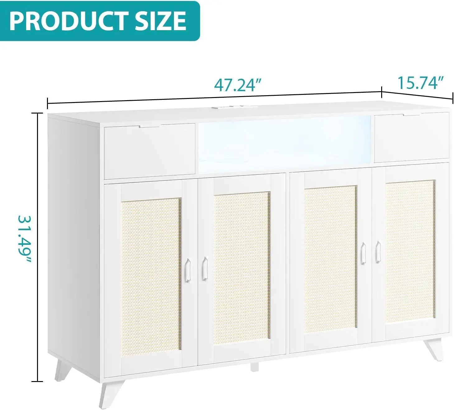 Classic Natural Rattan Sideboard Buffet - Accent Storage Credenza, Freestanding Cupboard, Modern Apartment Furniture, 4 Doors, 2 Drawers, Built-In Power Outlet, USB Ports, LED Lighting, Adjustable Shelves, Anti-Tip Kit, Coffee Bar Station for Dining Room