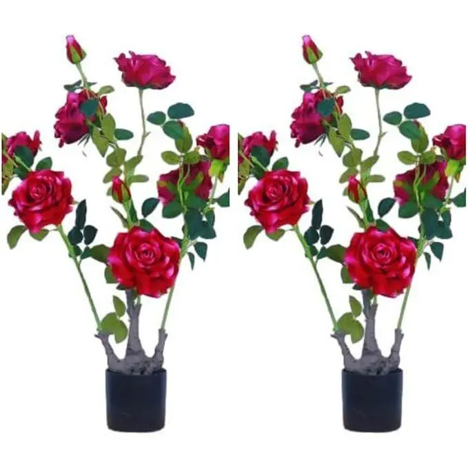 GARVEE Pack of 2 Artificial Peony Trees, 70 cm Large Artificial Peony Plant in Pot, Large Artificial Peony Blossom Tree with Green Leaves, Decorative Tree for Living Room, Office, Home,Red