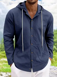 Men's Casual Solid Linen Blend Hooded Button Jacket Shirt, Tops, Long Sleeve Lightweight Vacation Jacket, Loose Fit All Seasons