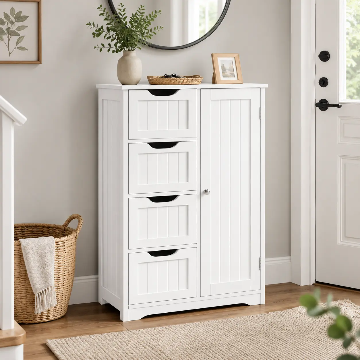 Costoffs Sturdy Wooden Adjustable Multifunctional Storage Cabinet - Freestanding Organizer Storage with 4 Drawers, 1 Cupboard, Slatted Panels, for Entryway Console Table, Bathroom Decor Ideas, Indoor Home Furniture