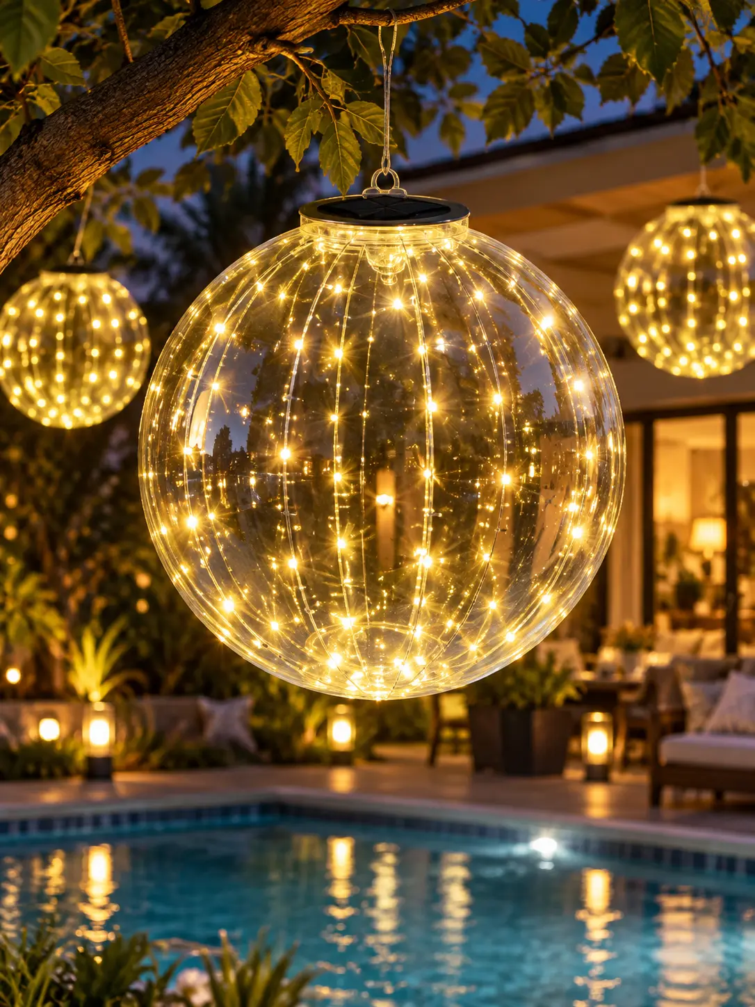 52 LED Solar Balloon Light, 13.4 Inch Inflatable Warm White Outdoor Hanging & Floating Light for Pool, Patio, Garden, Party, Christmas & Holiday Decor