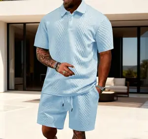 Men's 2-Piece Solid Plain Clothes Set - Short-Sleeve Polo Shirt & Drawstring Waist Shorts, Cozy Breathable Medium-Wash Menswear for Daily Outdoor & Summer Beach Use, Casual Soft Lounge Outfits
