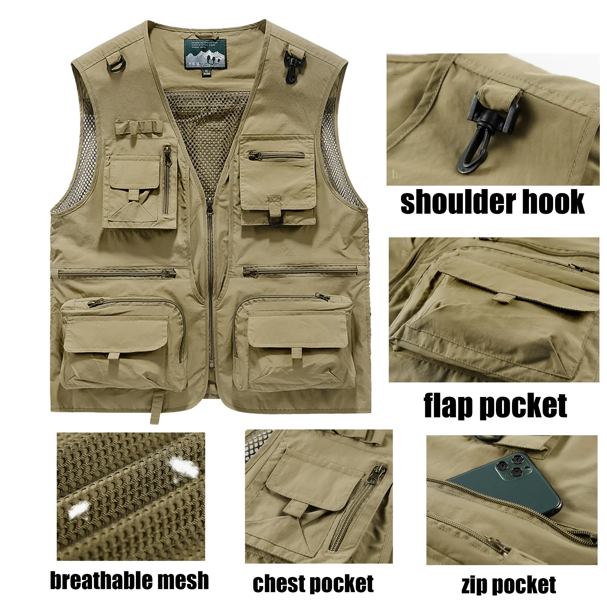 Men's Casual Tactical Vest, Lightweight Quick-Dry Multi-Pocket Outerwear with Zippers for a Secure Fit, for Fishing and Hiking, Menswear, Men's Stuff, Work, Hiking Waistcoats & Gilets, Open Vest Waistcoats & Gilets backtoschool, Tactical Vest Waistcoats &