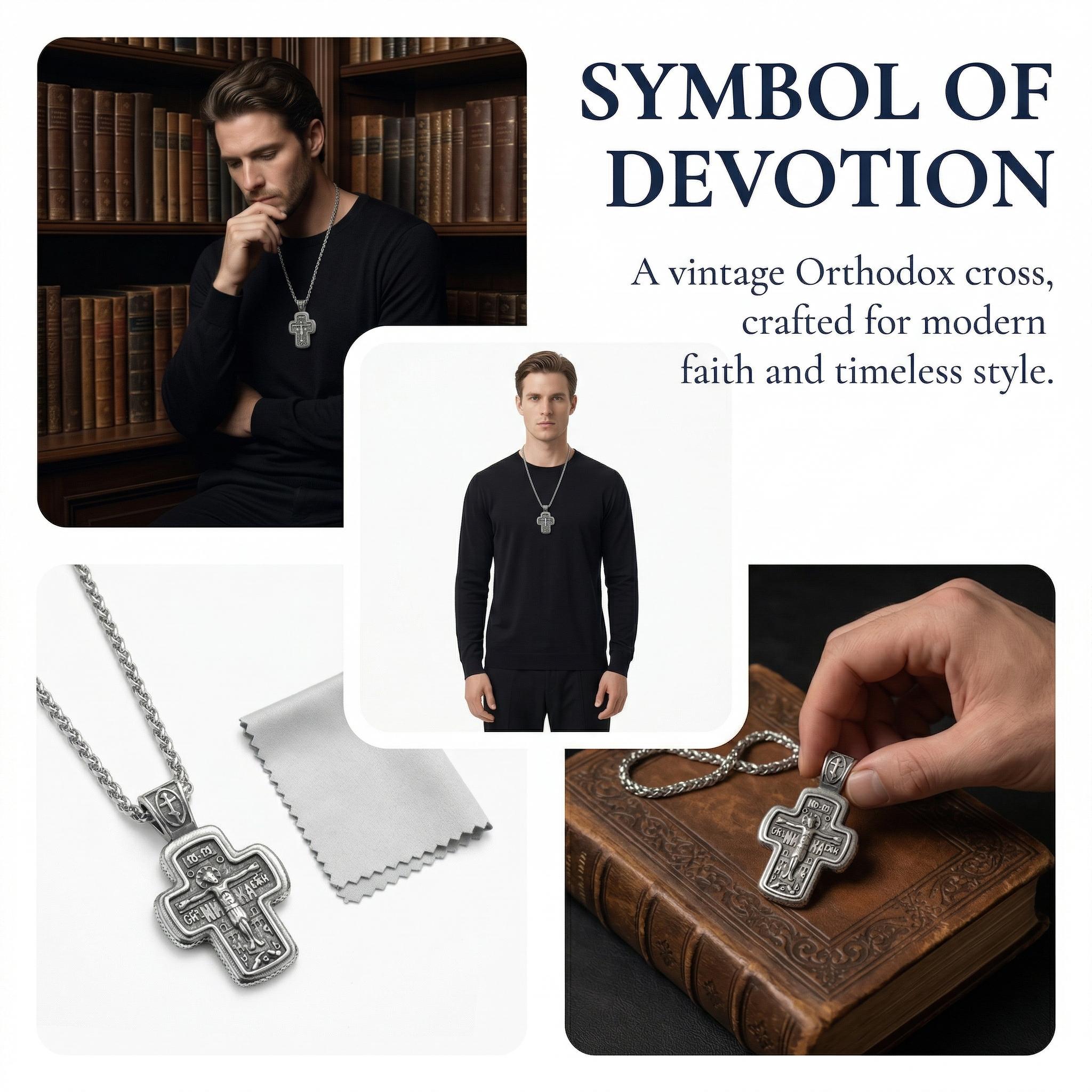 Orthodox crucifix necklace for men, stainless steel Christian cross pendant, religious men's jewelry for faith, baptism confirmation gift Orthodox crucifix necklace for men, stainless steel Christian cross pendant, religious men's jewelry for faith, baptism confirmation gift