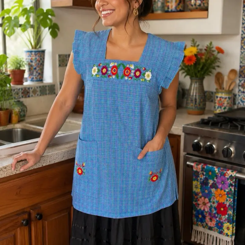 Mexican Embroidery Apron with Vibrant Floral Design large  Size Handcrafted with Front Pockets for Kitchen Cooking