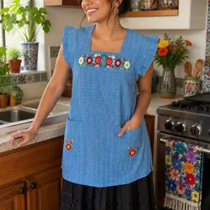 Mexican Embroidery Apron with Vibrant Floral Design large  Size Handcrafted with Front Pockets for Kitchen Cooking