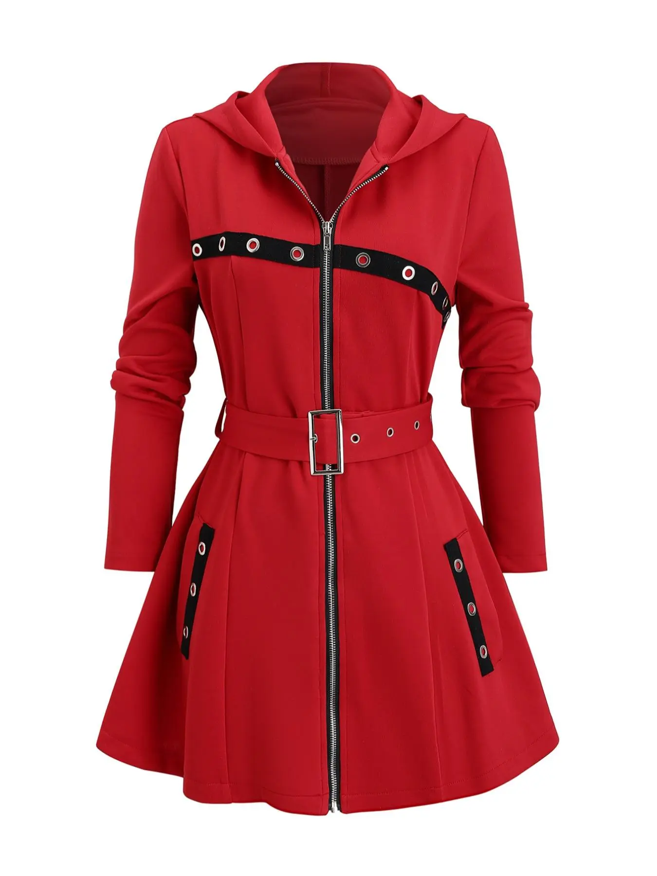 Women's Solid Belted Zipper Pocket Hooded Jacket, Fashion Casual Grommet Eyelet Long Sleeve Casual Cute Outerwear for Daily Outdoor Wear, Women Clothing for Fall & Winter
