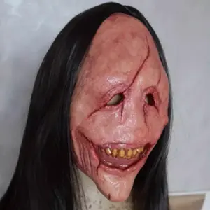 Realistic Halloween Demon Mask with Long Black Wig - Scary Party Costume Accessories, Synthetic Latex Material, Street Style, 12.99inch x 5.12inch |     Expert Craftsmanship, Halloween Costume Accessories |     Exquisite Texture Design