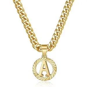 26 Letters Initial Pendant Necklace, Gold Tone Cuban Chain