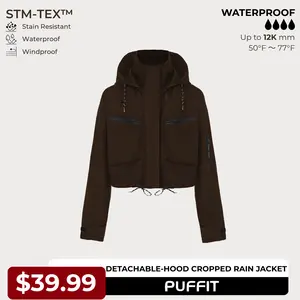 PUFFIT STM-TEX Cropped Detachable Hood Summer Rain Jacket with Drawstring Hem,WaterProof,Stain Resistant,Windproof,Women's Rain Jacket,Breathable Stylish,Inner Pocket Design,Outdoor Sport,Spring Jacket,School Running,Dog Walking,Football Mum
