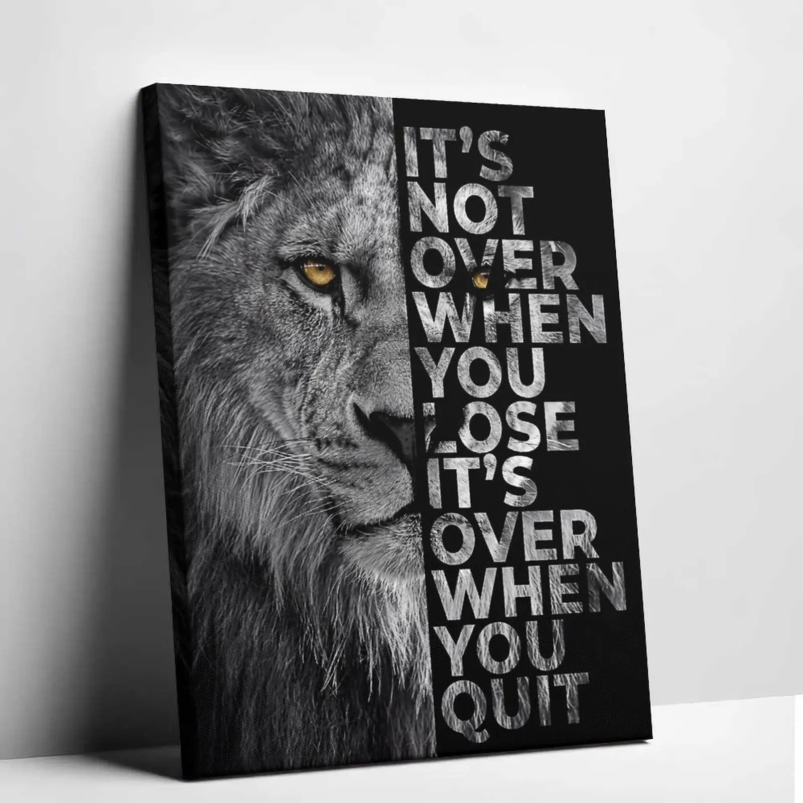 Motivational Lion Canvas Wall Art - "It's Not Over When You Quit" Inspirational Quote Poster Print.Black and White Animal Painting for Office, Gym, and Living Room Decor.,home,inspo,athlete