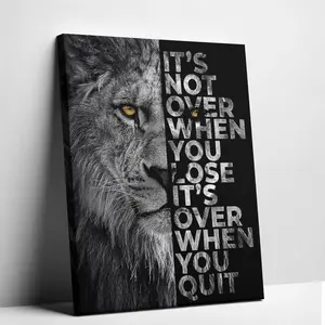 Motivational Lion Canvas Wall Art - "It's Not Over When You Quit" Inspirational Quote Poster Print. Black and White Animal Painting for Office, Gym and Living Room Decor