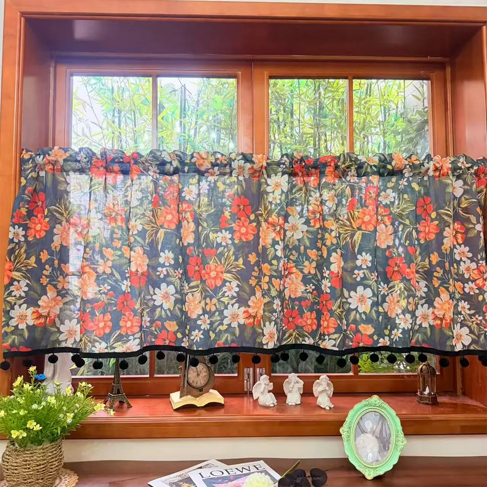American Vintage Floral Print Linen Small Curtain Valance, Living Room Bedroom Decorative Fringe Curtains, Home Decorative Curtain, Window Curtain, Home Decoration Curtain, No Drilling Easy Installation