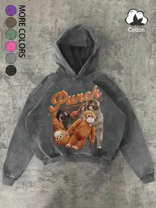 Unisex Punch Monkey Doll Print Hoodie, Vintage American Style, Loose Fit Drop Shoulder, Casual Streetwear, Fall & Winter Fashion