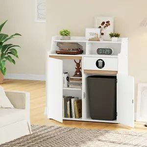 HOOBRO Double Trash Cabinet, 20 Gallon Freestanding Trash Can Cabinet, Removable Shelf & Anti-Tip Kit, Freestanding Kitchen Trash Storage Cabinet, White and Natural WN05LJ01