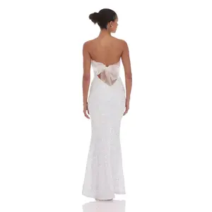 Velvet Sequin Strapless Maxi Dress in White