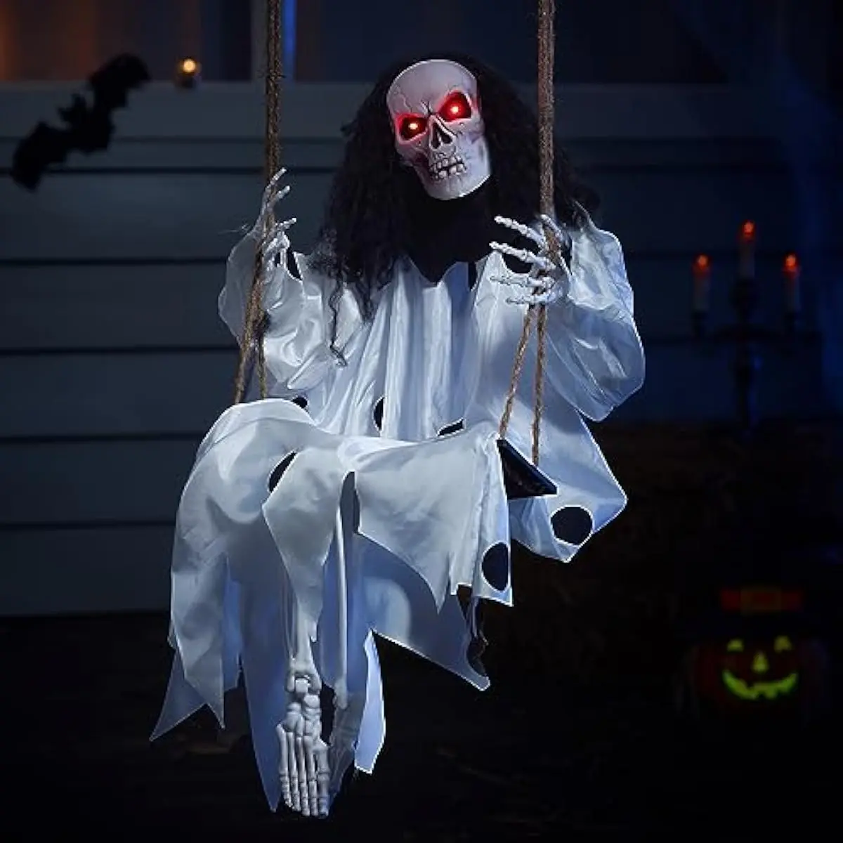 36" Hanging Clown Outdoor Halloween Decorations, Swinging Skeleton Decor with Light Up Eyes Button Battery Operated for Clearance Haunted House Prop Party Supplies