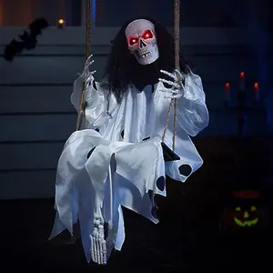 36" Hanging Clown Outdoor Halloween Decorations, Swinging Skeleton Decor with Light Up Eyes Button Battery Operated for Clearance Haunted House Prop Party Supplies