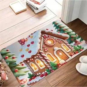 Holiday Gingerbread House Welcome Mat - Non-Slip Rubber and Non-Woven Fabric, Perfect for Christmas and Thanksgiving, Indoor/Outdoor Use, Festive Home Decor Mat, Gingerbread Christmas Ornament, Christmas Item For Home Decoration