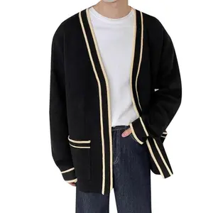 Men's Casual Knit Cardigan - Chic Black & Beige Color Block, Long Sleeve, Collarless with Pockets, Polyester-Spandex Blend,