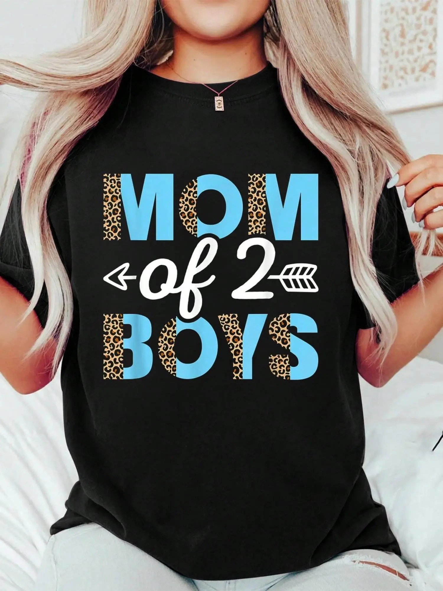 Mom of 2 Graphic T-Shirt - Playful Lettering with Leopard Print Accents, Soft Round Neck Casual Summer Tee for Women, Mother's Day Gift, Machine Washable Black Top, Mom Shirt, Bold Graphic Tee, Comfortable Fit Shirt