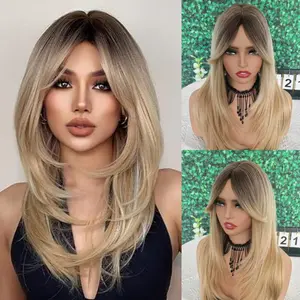 Rooted Blonde Layered Wig,Butterfly Style Blonde Balayage Wig with Face Framing Layers - Natural Straight Hair, Pre-Plucked Hairline, Rooted Blonde Layered Wig with Soft Curtain Bangs - Heat Resistant Synthetic Hair, No Glue Needed for Beginners