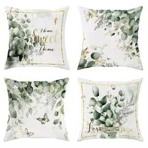 4pcs, Green Themed Throw Pillow Covers, Green Plant Leaf Pattern, "Home Sweet Home" Text Design, Ideal for Living Room, Sofa, Bed, Bedroom, Car, Office, Home Outdoor Decor, 2D Flat, Single Sided Printing, No Pillow Core