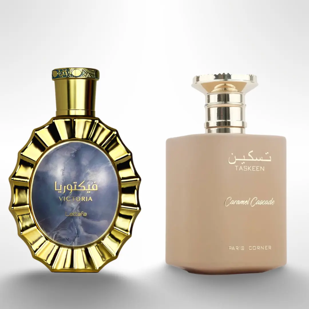 Lattafa Victoria + Taskeen Caramel Cascade Unisex Fragrance Multi-Pack Gift Set - 100ml EDP, Floral Sweet Perfume, Gourmand Scent, Sandalwood Note (Beauty & Personal Care)