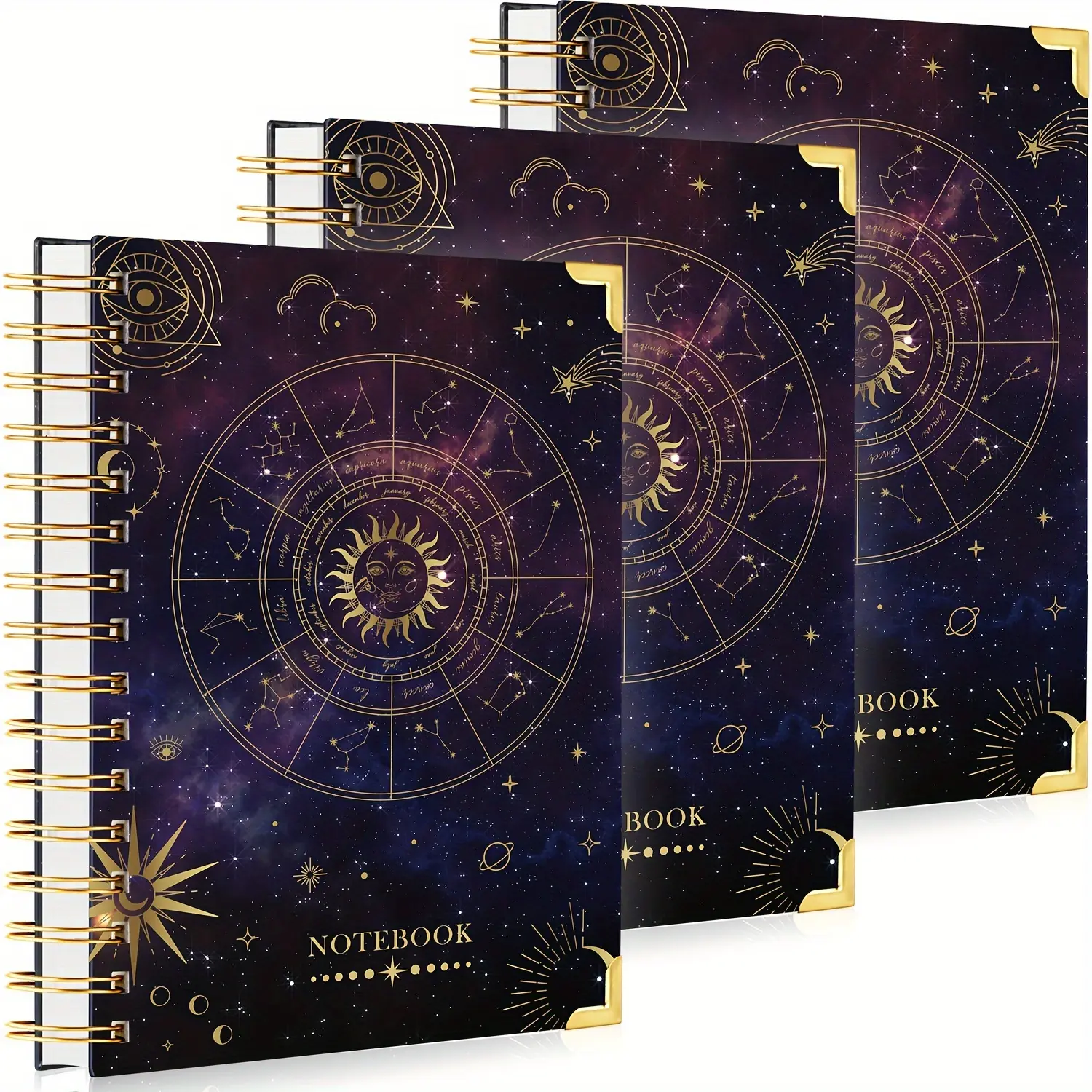 FOCUS DAY Vintage 3-Pack A5 Spiral Notebooks, 240 Pages 3p-Lined/3p-Dotted/3p-Graph Paper, 100 GSM Thick No-Bleed Paper, Astrology Design, for Office, School Writing