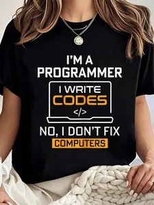100% cotton I'm a programmer i write code i turn coffee into code T-Shirt Women Graphic T-Shirt Cotton Print short Sleeve Casual Top, Summer Tee Womens Tops