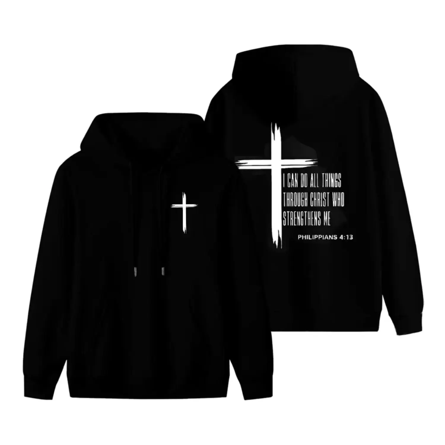 Women's Christian Cross Thick Pullover Hoodie - Philippians 4:13 Bible Verse Biker Vibe Essential Streetwear Top, Unisex Soft Breathable Everyday Casual Fall Wear, Jeans-Friendly Design