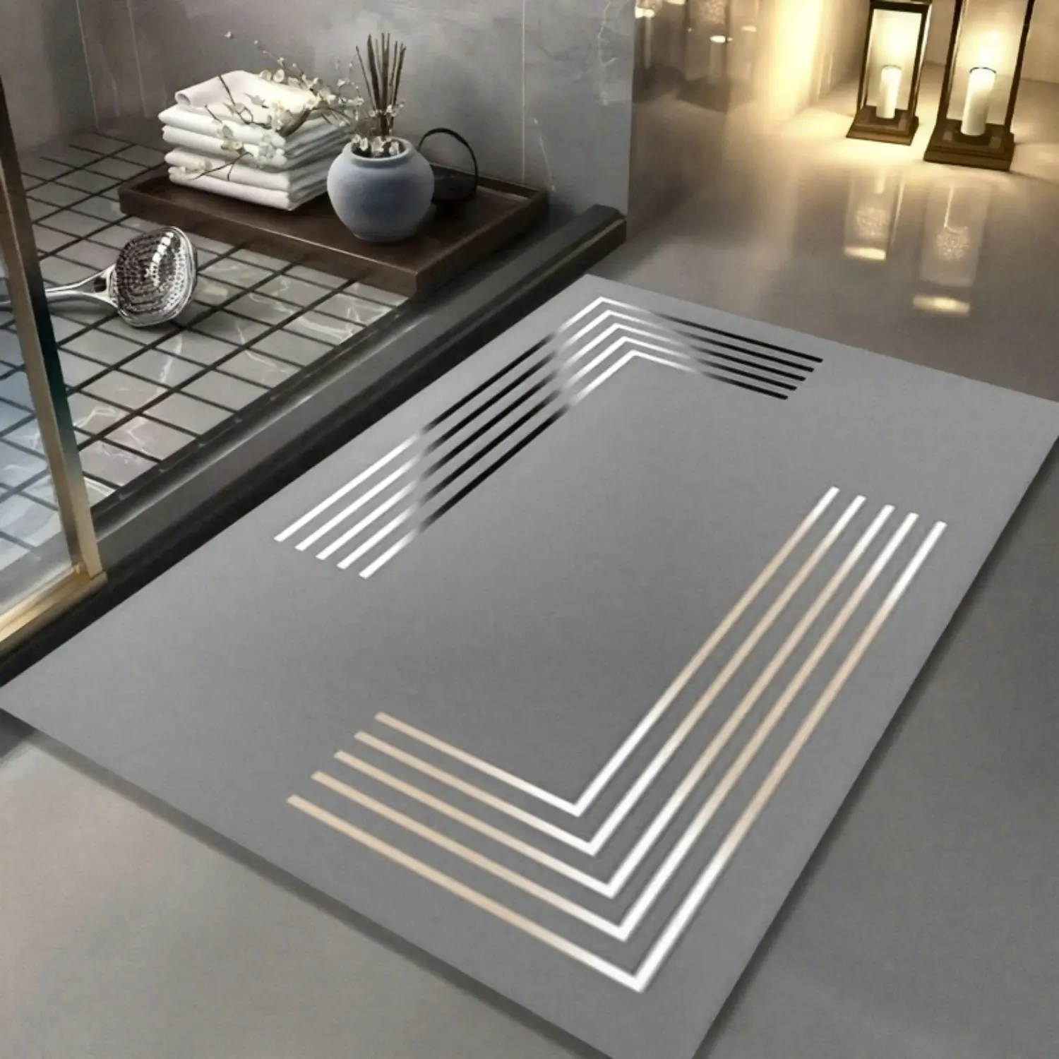 Soft Minimalist Gradient Geo Bath Mat - Non-Slip Rubber-Backed Diatomite Quick-Dry, Absorbent, Easy-to-Clean Anti-Skid Fall-Resistant Rug for Bathroom, Entrance - All-Season Home Textile, Anti-Skid Bath Mats
