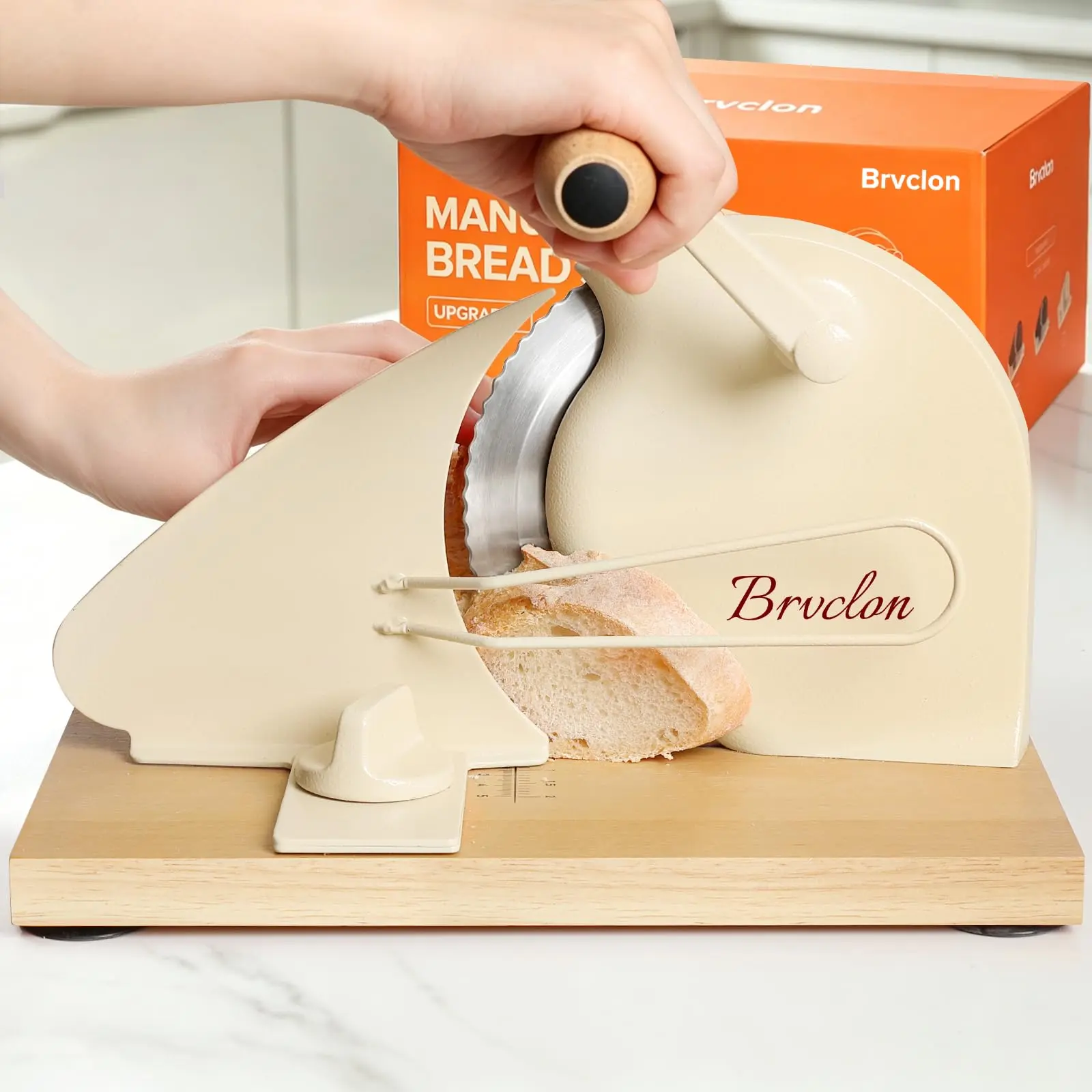 Manual Bread Slicer Adjustable Thickness, Hand Crank Bread Slicer for Homemade Sourdough Bread with Scale Line & Suction Cup & Metal Guide,Quality Solid Wood Base