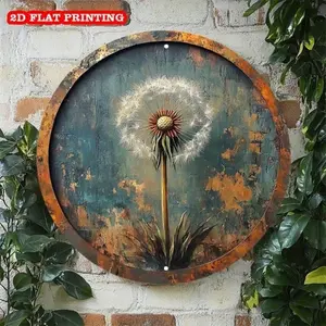Vintage Dandelion Round Aluminum Wall Sign 20.32x20.32 Cm With Pre-Drilled Holes Rustic Aluminum Decor For Home Garden Or Holiday Gift Featuring Autumn Hues Blowing Dandelion Design Aluminum Wall Art Metal Sign
