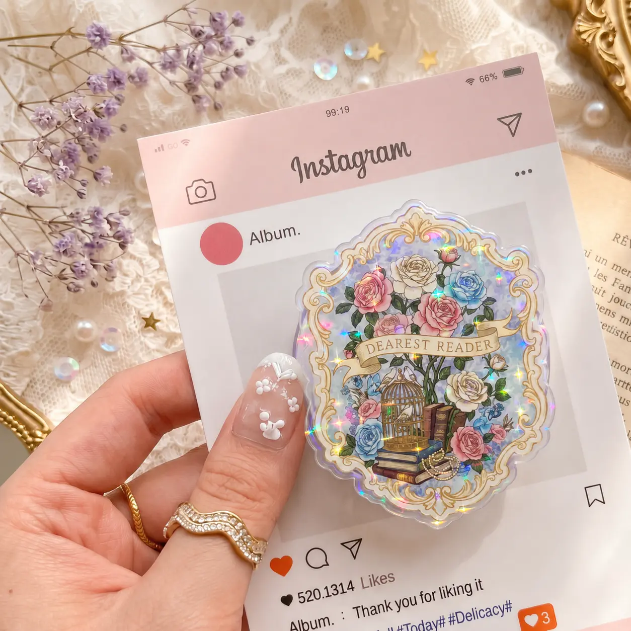 Vintage Floral Book Phone Grip, Aesthetic Reader Phone Stand, Cottagecore Cute Phone Holder
