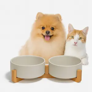 Elevated Pet Bowls for Dogs & Cats – Non-Slip Bamboo Stand, Ceramic Double Feeder