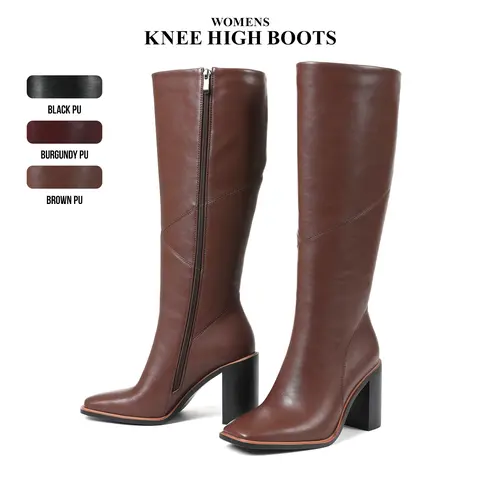 Womens Knee High Boots Square Toe Wide Block Heel Side Zipper Comfy Office Outdoor Nightclub Walking Party Casual Summer Wide Calf Boot