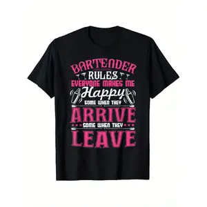 Plus sizeFunny Bartender Rules T-Shirt - Heavyweight 180gsm Cotton Tee with Bartender Saying "Bartender Rules: Everyone Makes Me Happy When They Arrive, Some Leave" - Soft & Durable Bar Apparel for Men () - Machine Washable Black Shirt with Pink & White B