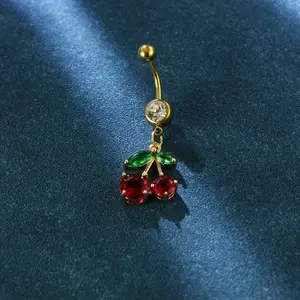 1 Pc Stunning Red Cherry Belly Button Ring - Ladies Navel Piercing Jewelry with Dainty Nail Design - Fashionable Accessory for Women