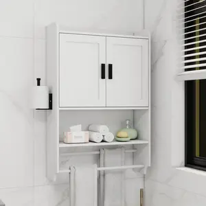 32.48" H x 21.65" W Bathroom Wall Cabinet with Doors, Over The Toilet Storage Cabinet with Adjustable Shelf, Towel Bar & Toilet Paper Holder, Wall Mounted Medicine Cabinet for Bathroom Laundry Room, White