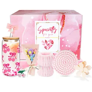 ANOTION  Valentines Gift for Daughter Pink Cherry Glass Cup Set – Cute Cup, Featuring a Straw Cap, Keychain, Flower Clip & More!  Gift for Daughter,  Gift for Her, Birthdays Gift, Gift Box Set, Cherry Bow